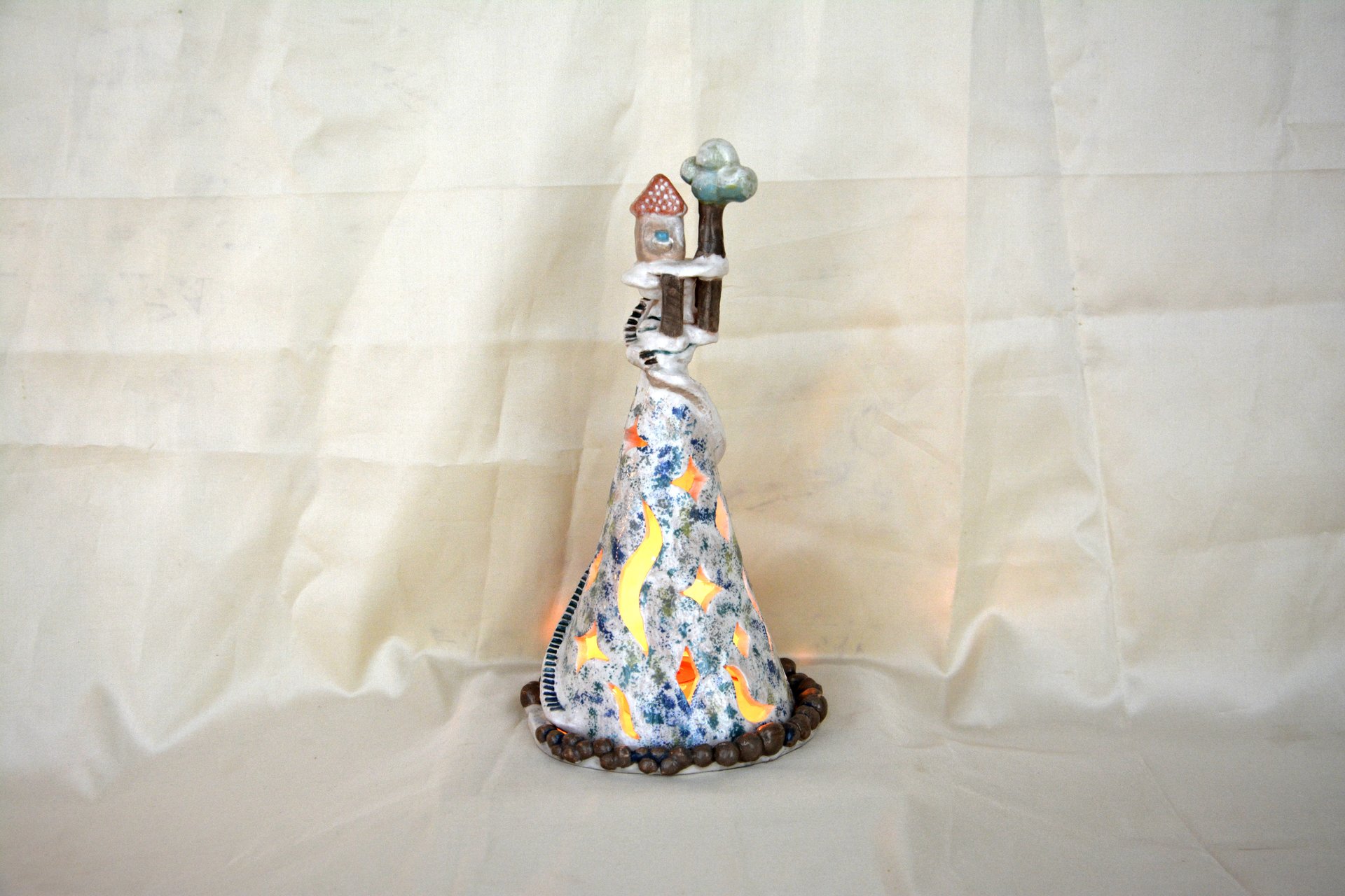 Night light with a small house - Ceramic new year's decor, height - 24 cm, diameter - 12 cm, photo 1 of 3.