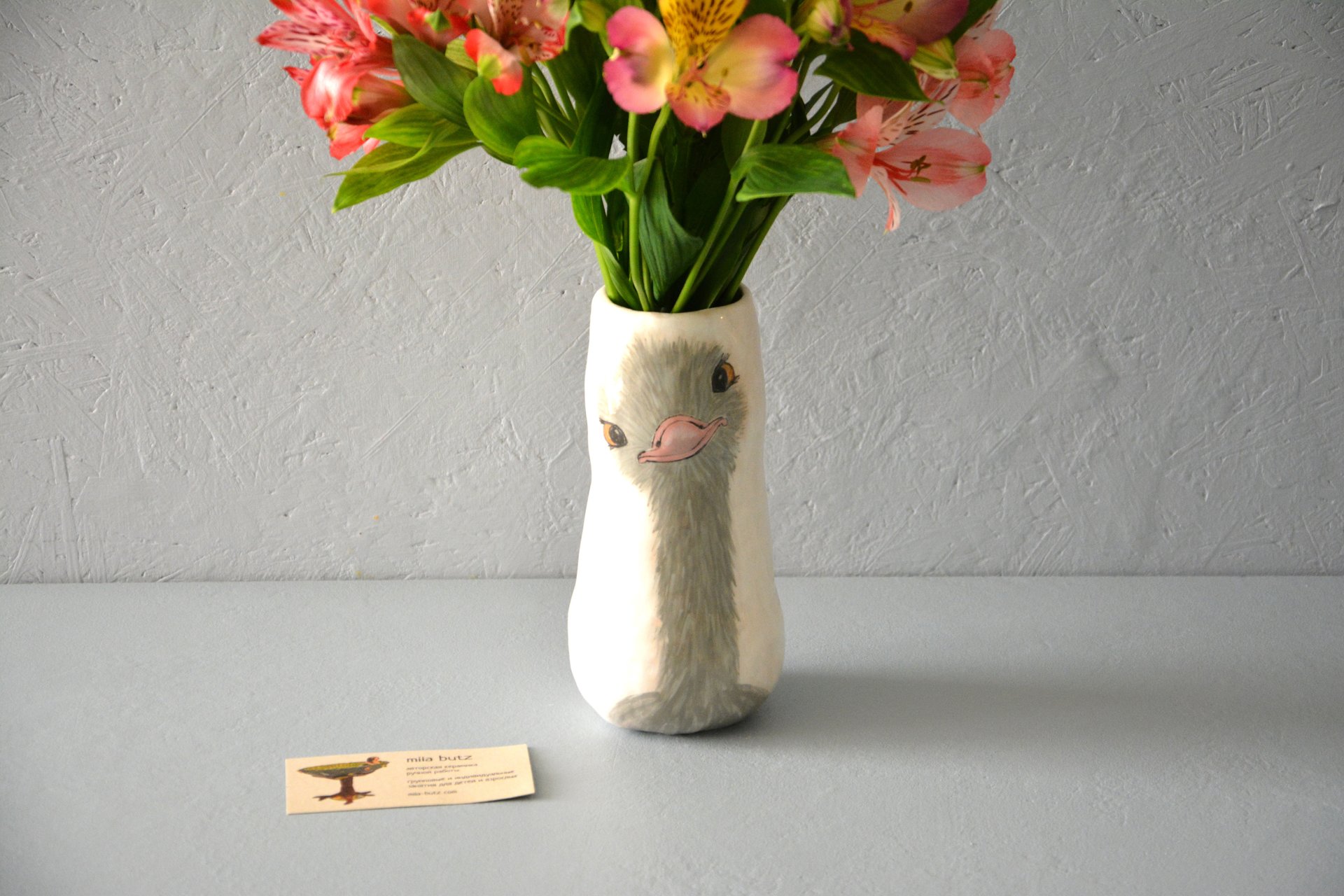 Hand-painted vase — Curious Ostrich, height - 18 cm, photo 2 of 4. 567.