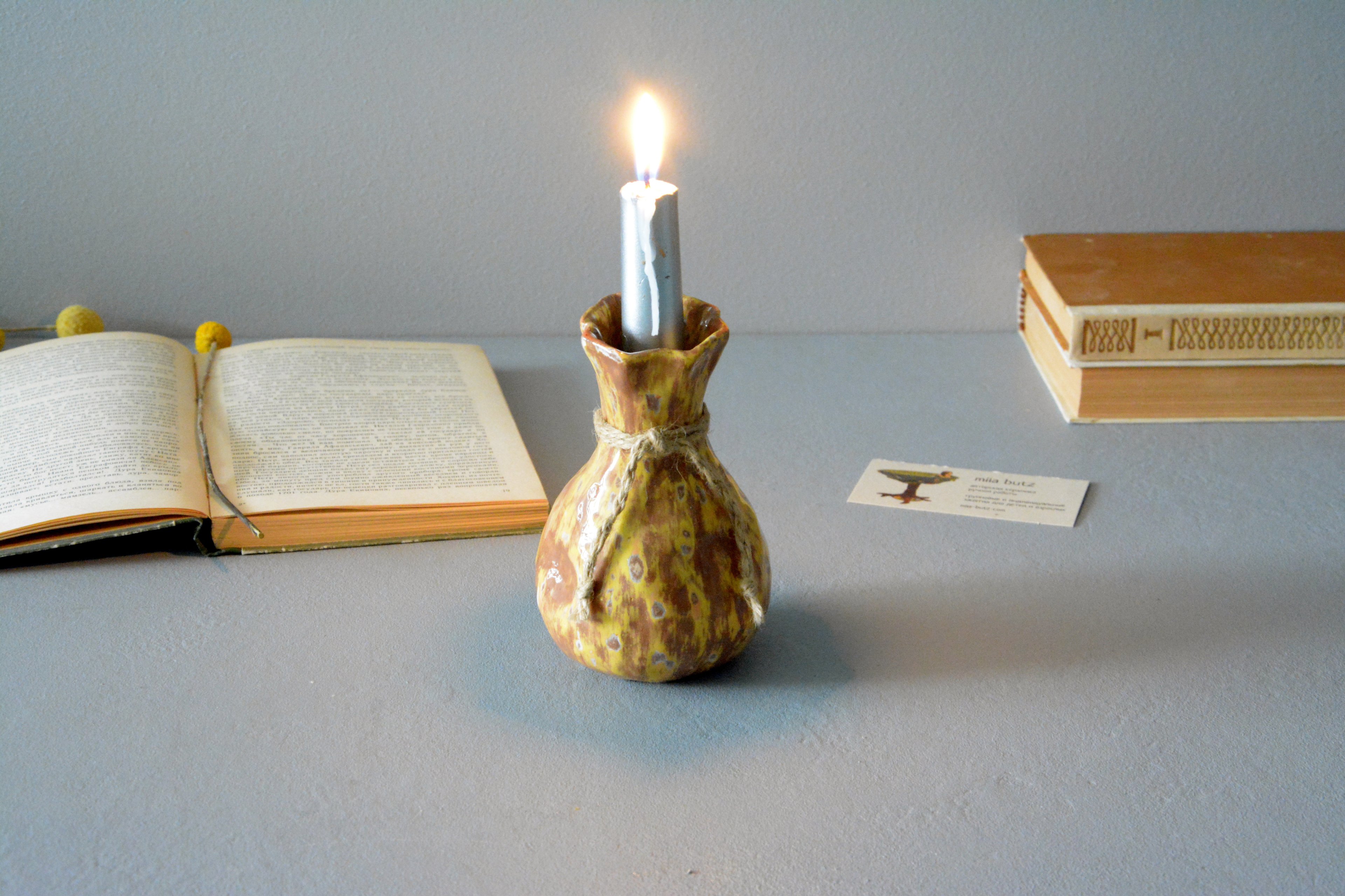 Ceramic small vase candlestick yellow-brown bagful, height - 13 cm, photo 5 of 8. 1214.