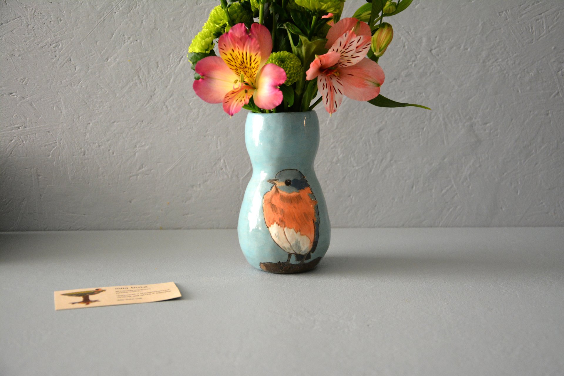 Vase with a picture of Bird Rubecula, height - 13 cm, photo 4 of 4. 589.