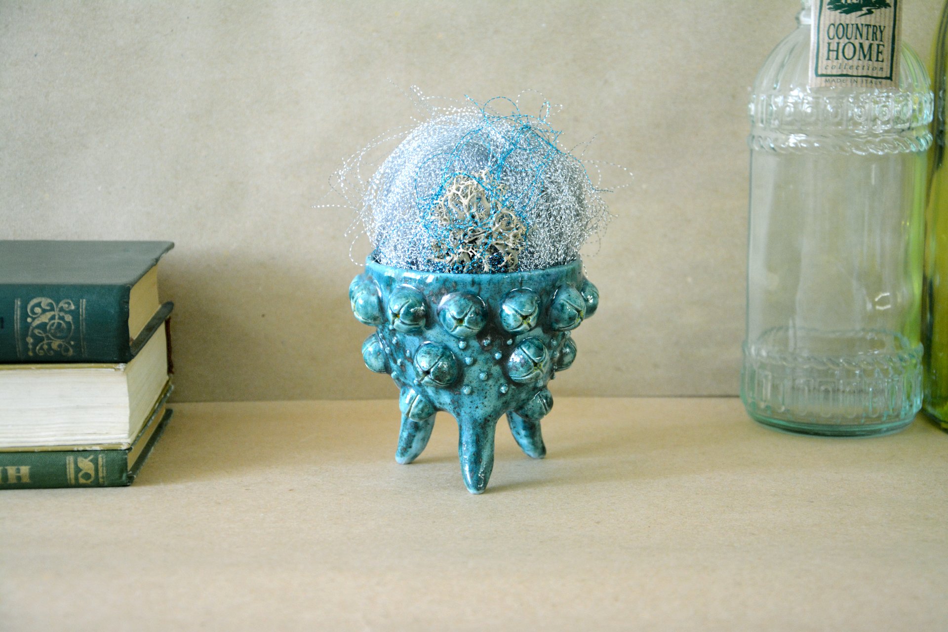 Ceramic cachepot for cactus on the legs Turquoise flicker, diameter - 10 cm, height - 9.5 cm, photo 2 of 4.