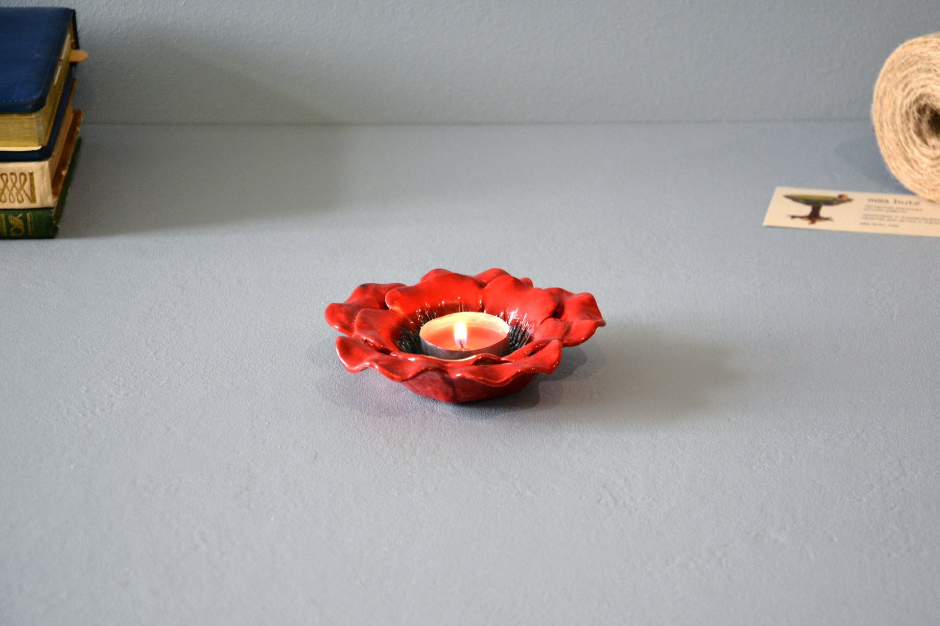 Red candlestick in the shape of a poppy flower, for ordinary candles and candles for tablets, diameter - 12 cm, photo 4 of 5.