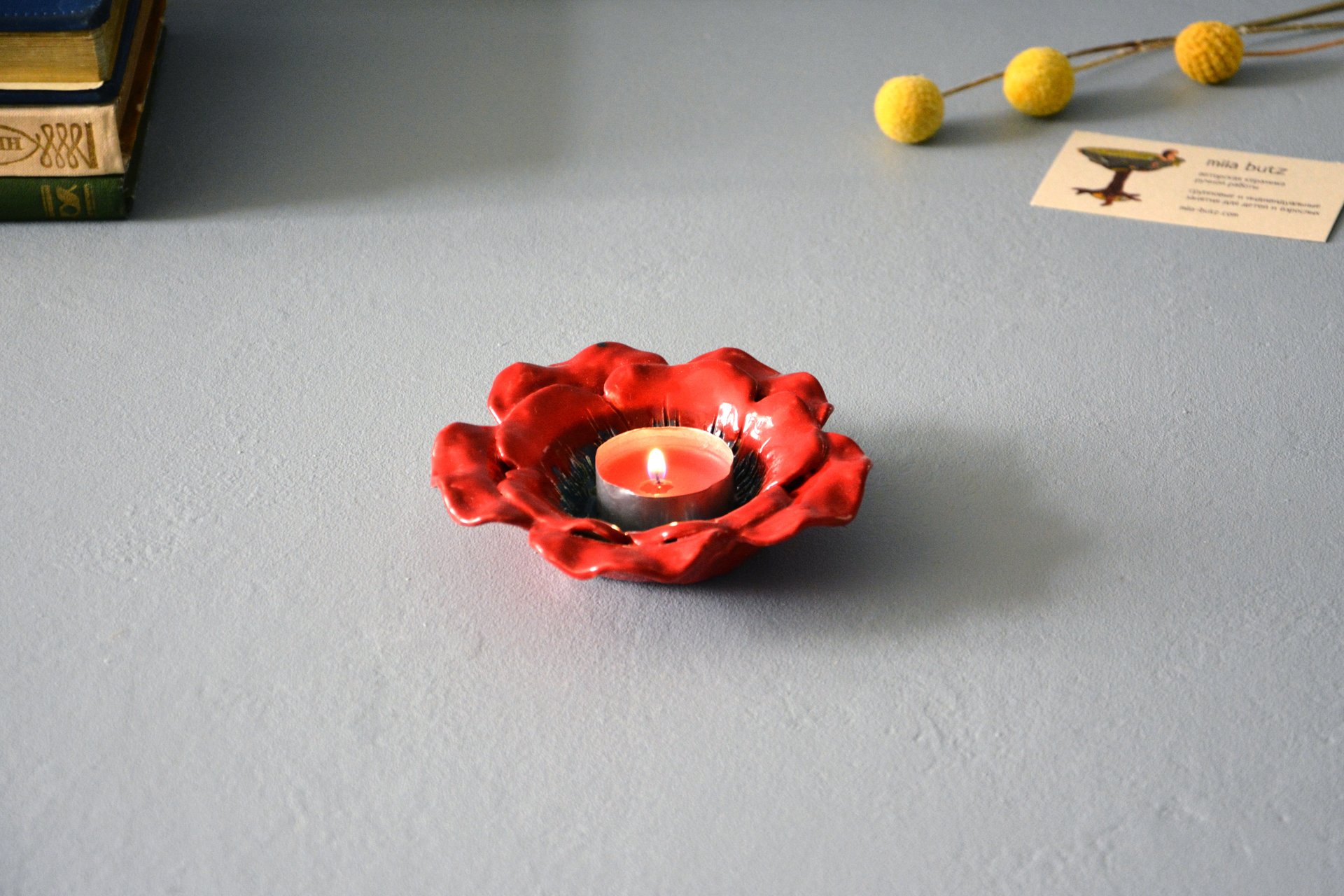 Red candlestick in the shape of a poppy flower, for ordinary candles and candles for tablets, diameter - 12 cm, photo 2 of 5.