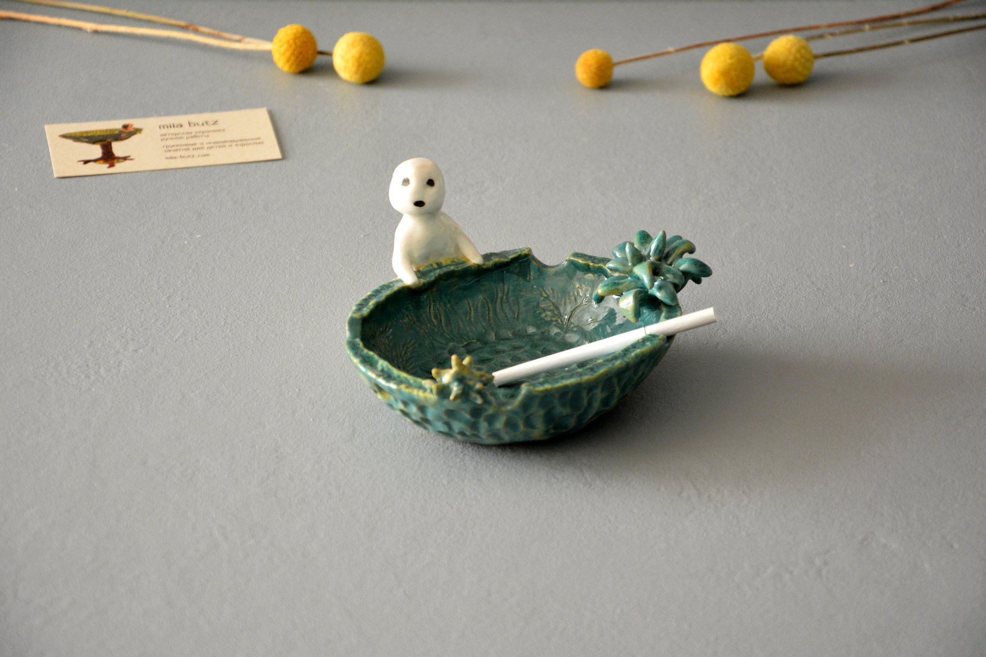 Ashtray with a figurine of Kodama the tree spirit, diameter - 13, height  - 12 см, photo 2 of 5.