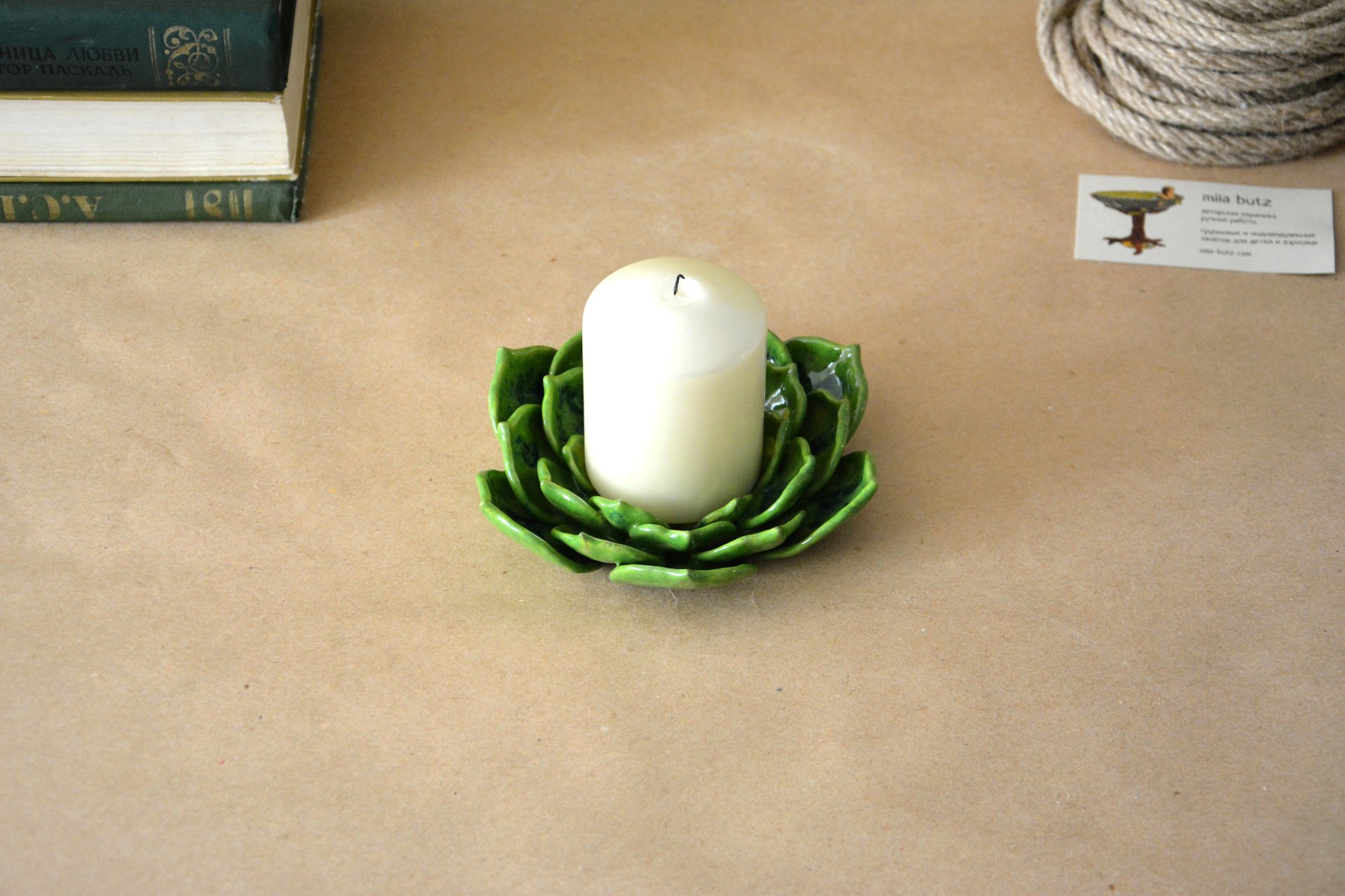 Подсвечник Суккулент светло-зелёный - Керамические подсвечники, диаметр - 14 см, фото 2 из 4.