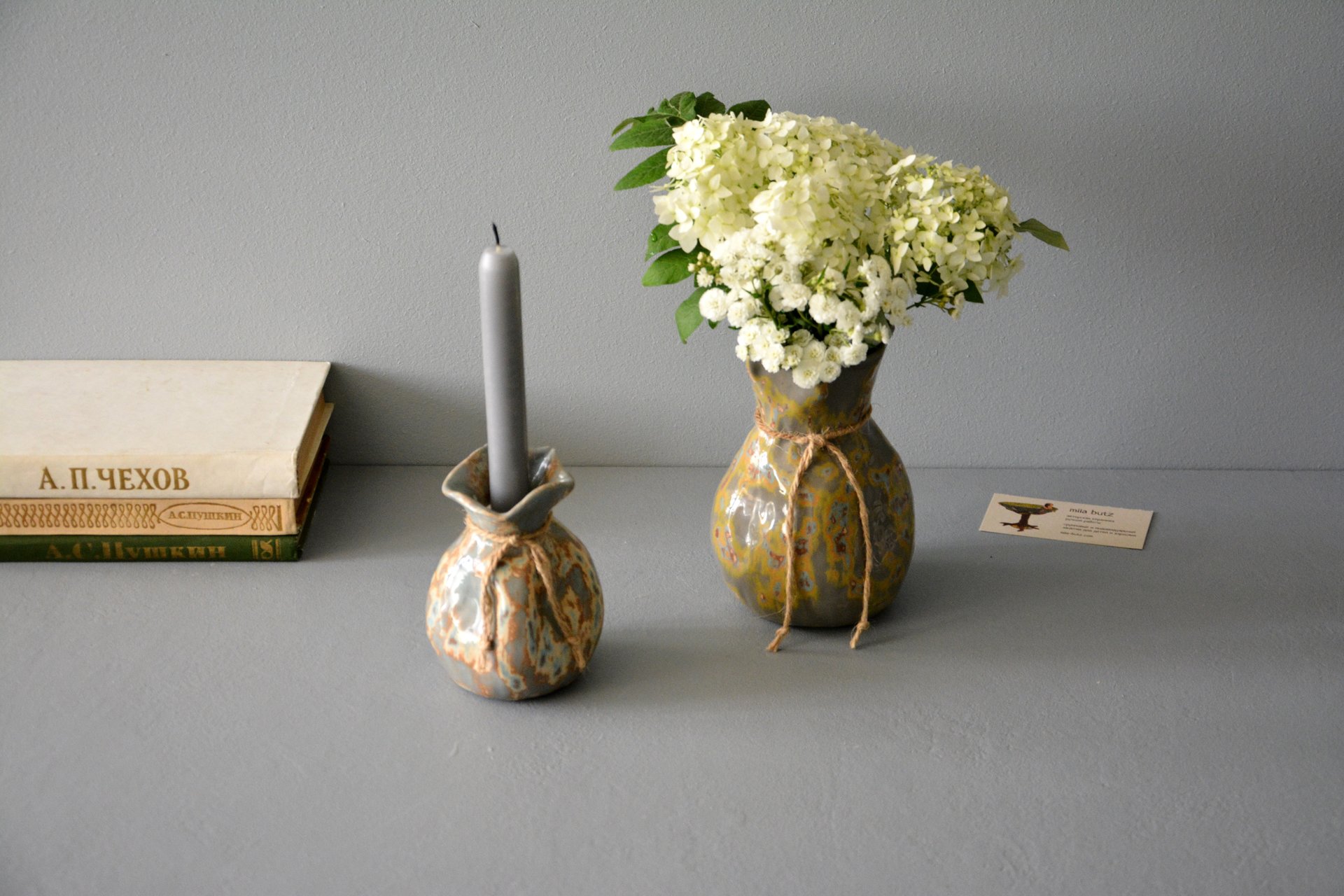 Candle vase «Gray-blue bagful», height - 12 cm, color - gray-blue. Photo 1003.