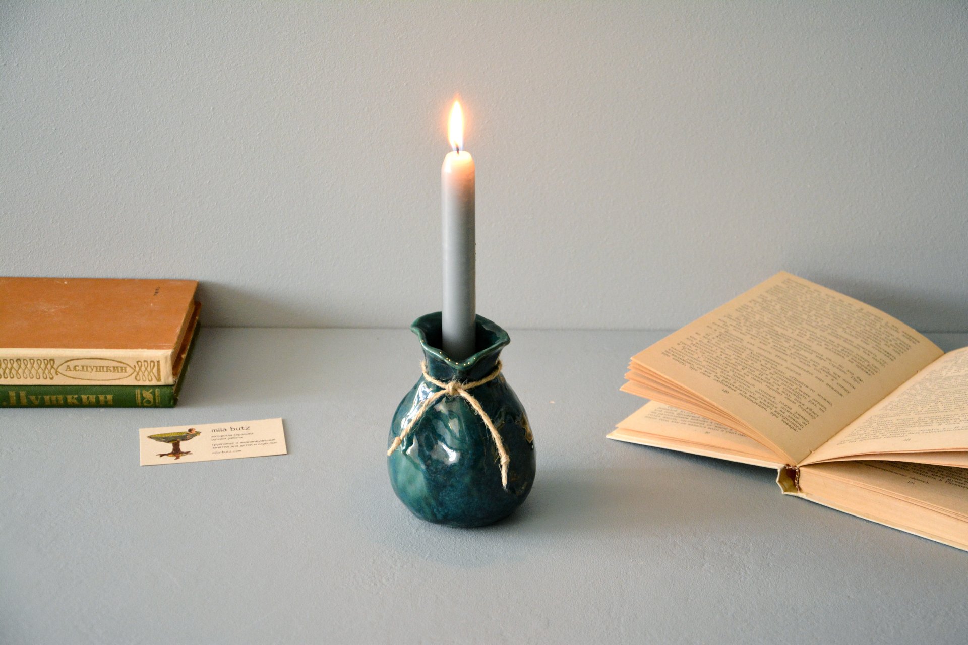 Candle vase «Incredible Green Bagful», height - 12 cm, color - deep emerald. Photo 1010.